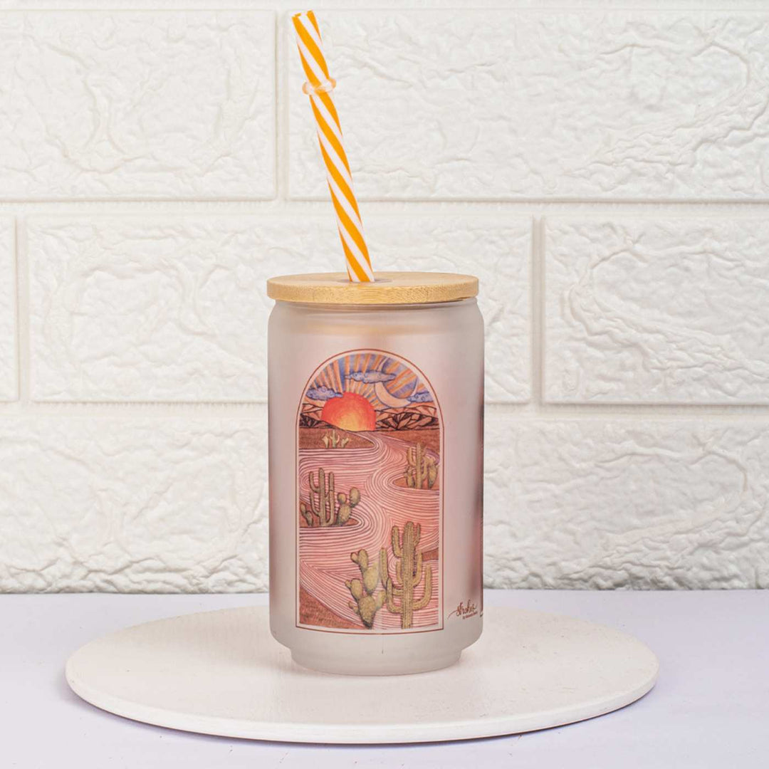 Frosted Printed Mason Jar with Wooden Lid & Straw | 350 ml