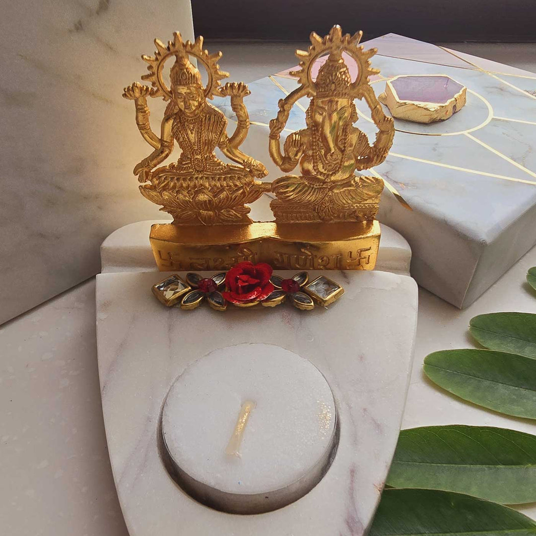 Handmade Laxmi Ganesha With Marble Base Tea Light Holder