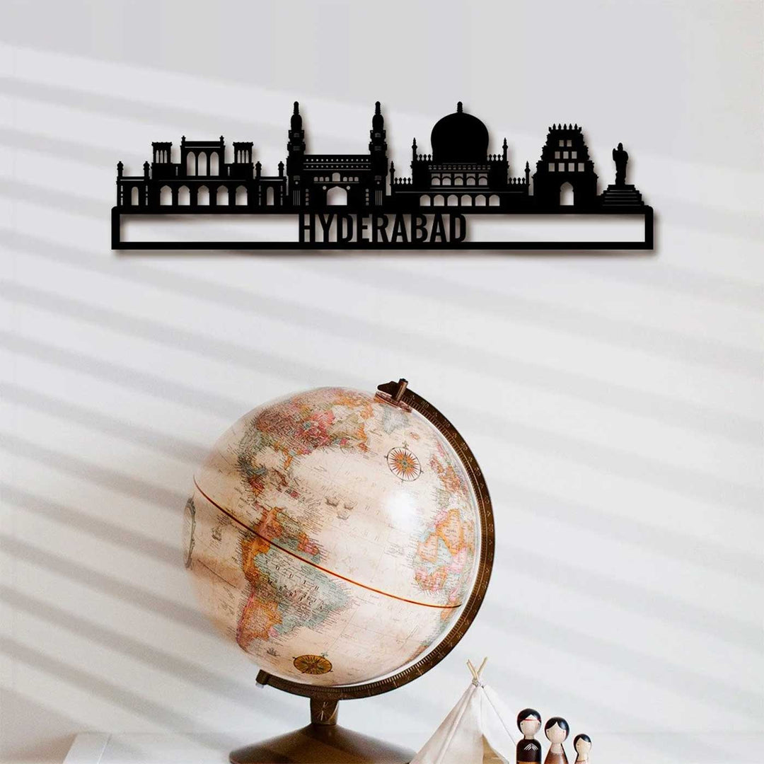 Printed Black Wooden Hyderabad City Skyline Wall Decor