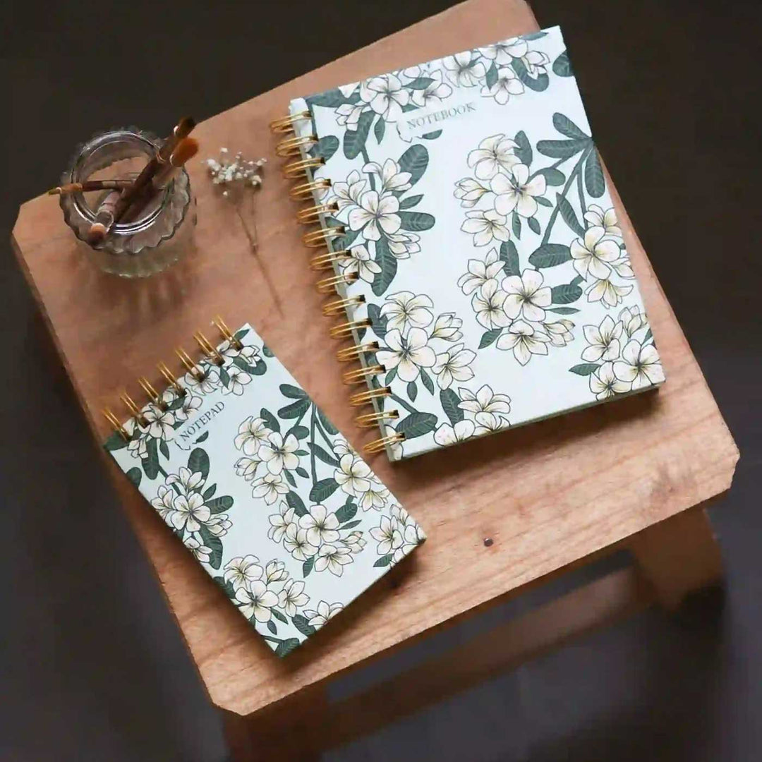 Handmade Frangipani Green Spiral Notebook and Notepad Set | 80 Pages