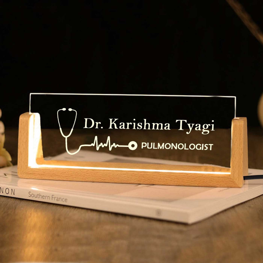 Personalized Doctor Sleek Glass Desk Nameplate With LED Light