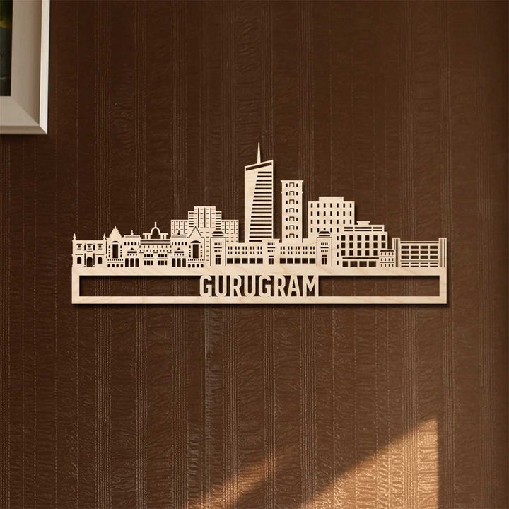 Printed Black Wooden Gurugram City Skyline Wall Decor