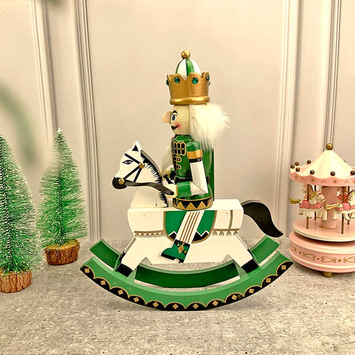 Green Rocking Horse King Nutcracker Self-Standing Wooden Decor For Christmas Table Decoration