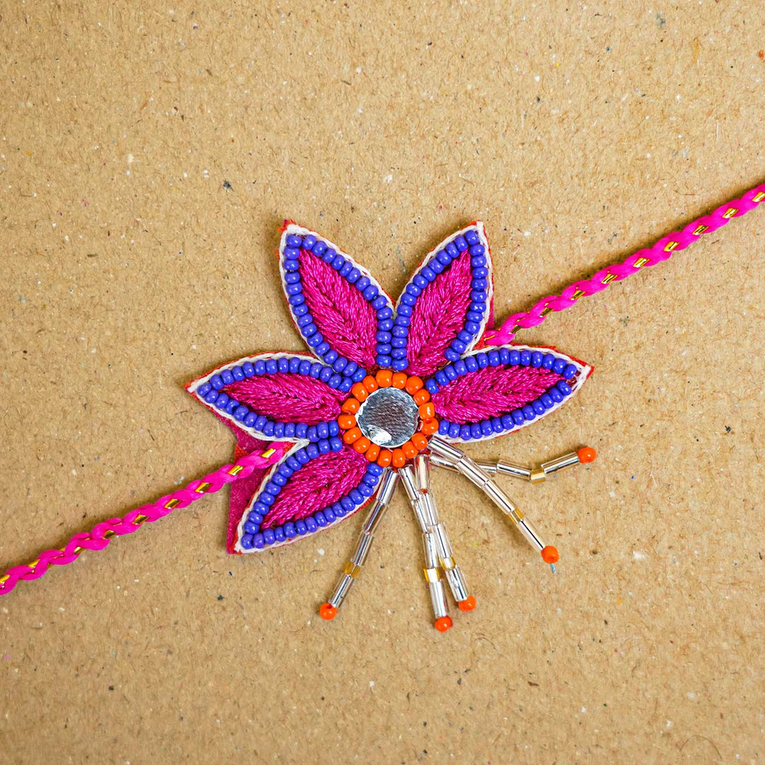 Handmade Beaded Lotus Stone Rakhi With Roli Chawal