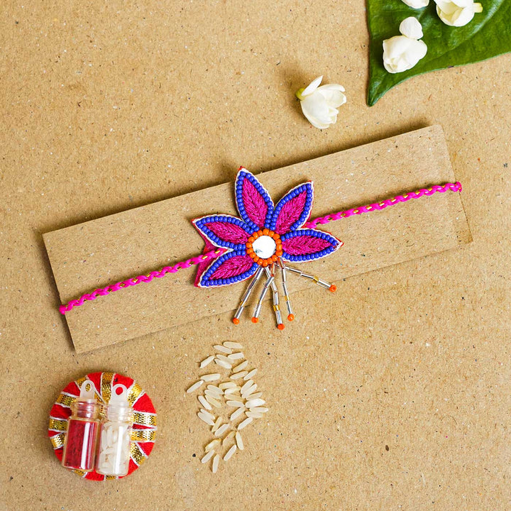 Handmade Beaded Lotus Stone Rakhi With Roli Chawal