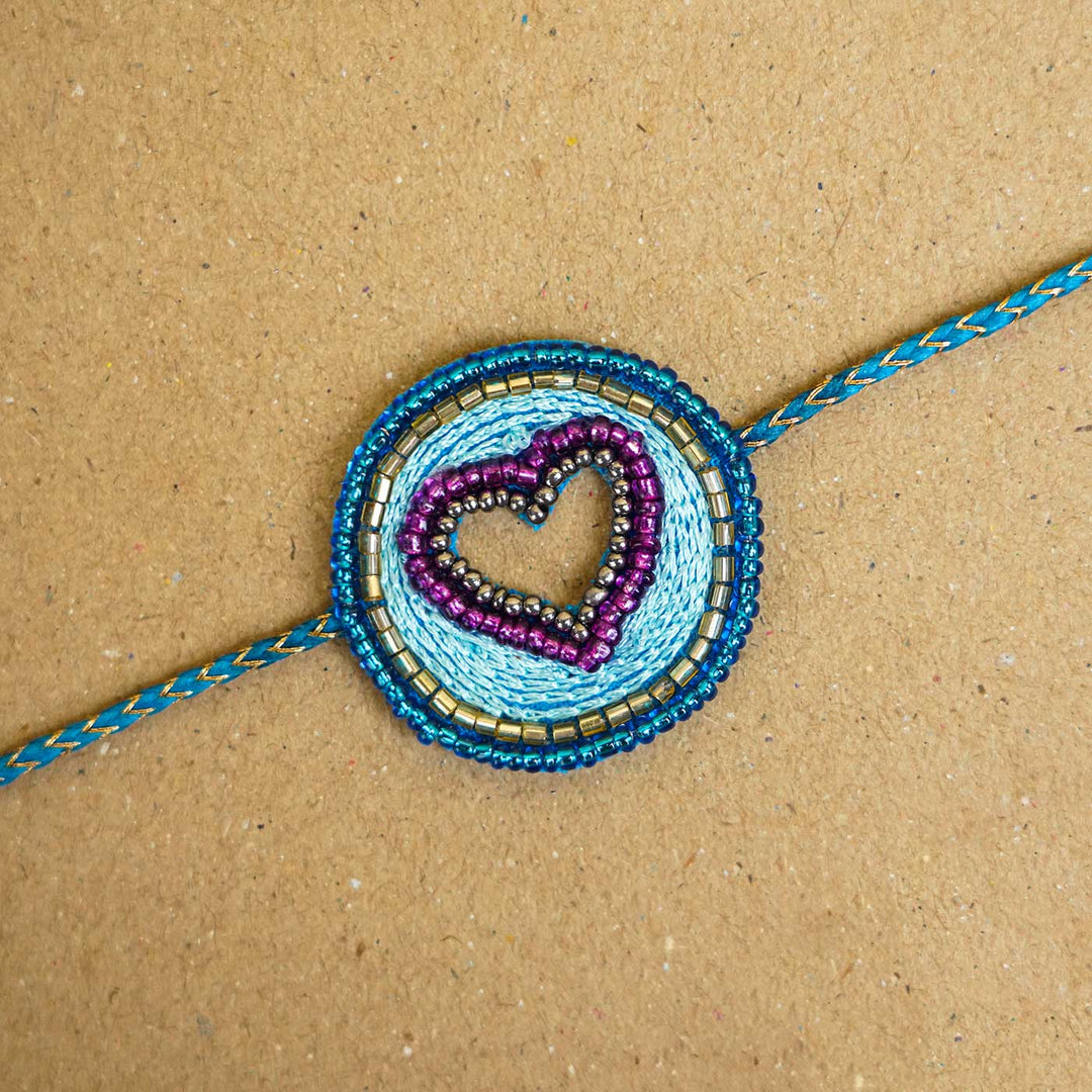 Handmade Beaded Heart Rakhi With Roli Chawal