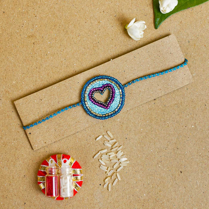 Handmade Beaded Heart Rakhi With Roli Chawal