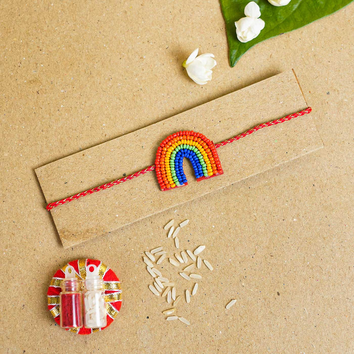 Handmade Beaded Rainbow Rakhi With Roli Chawal