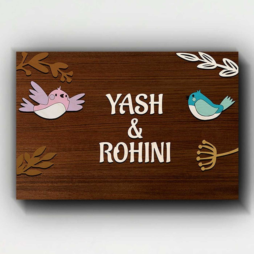 Personalized Printed Wooden 3D Birds Nameplate For Couples