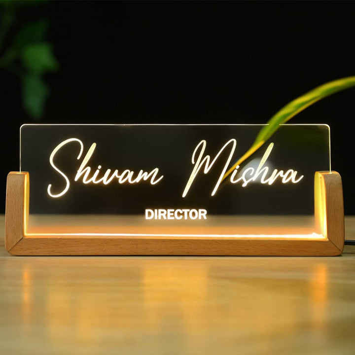 Personalized Profession Sleek Glass Desk Nameplate With LED Light