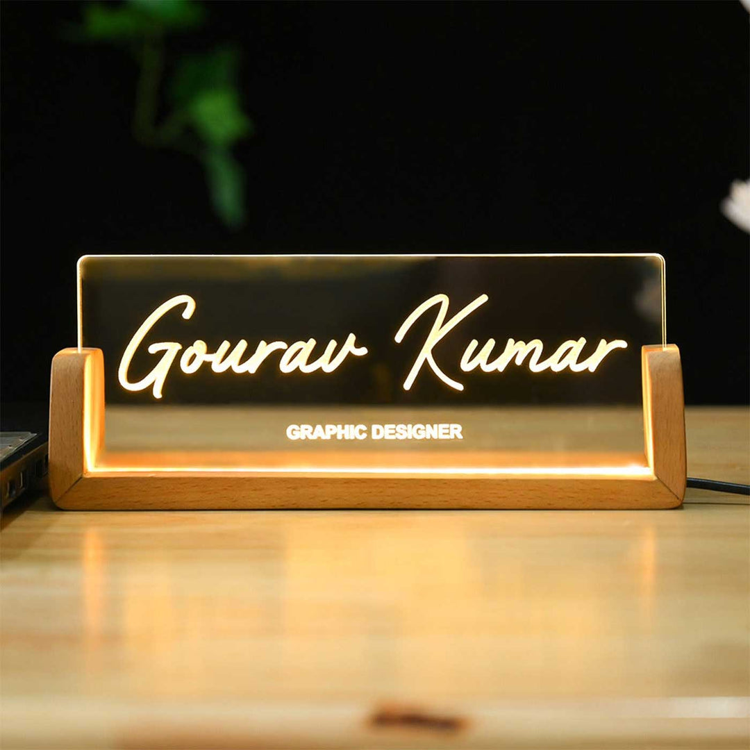 Personalized Profession Sleek Glass Desk Nameplate With LED Light