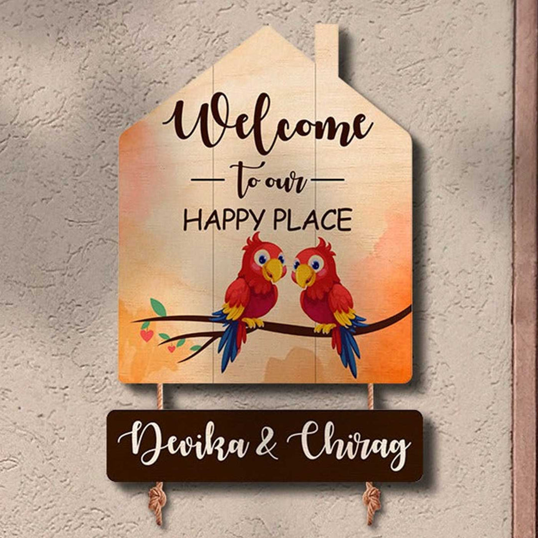 Printed Wooden House Shaped Parrot Nameplate For Couples