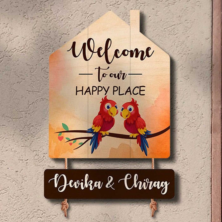 Personalized Printed Wooden House Shaped Parrot Nameplate For Family