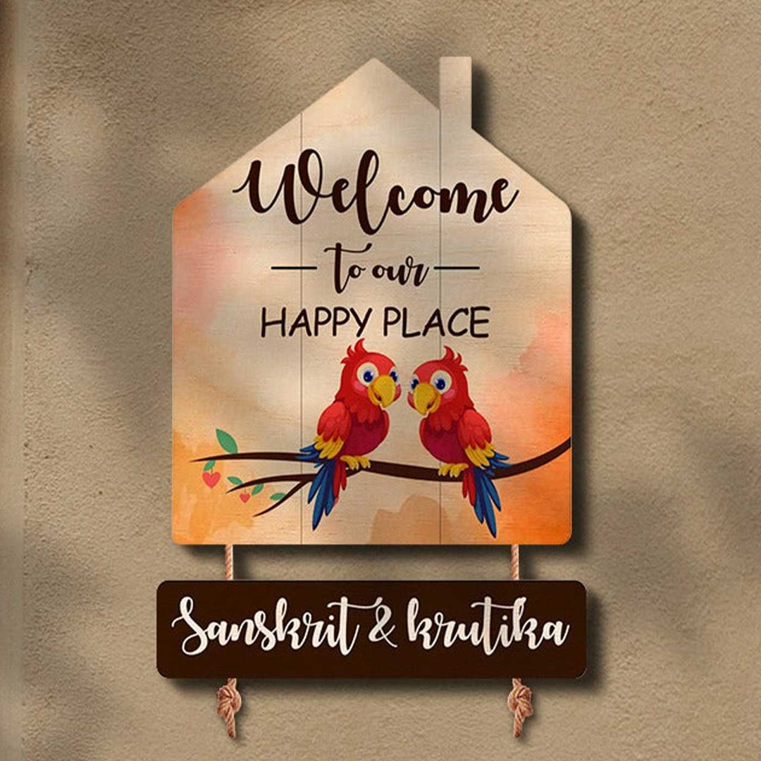 Printed Wooden House Shaped Parrot Nameplate For Couples