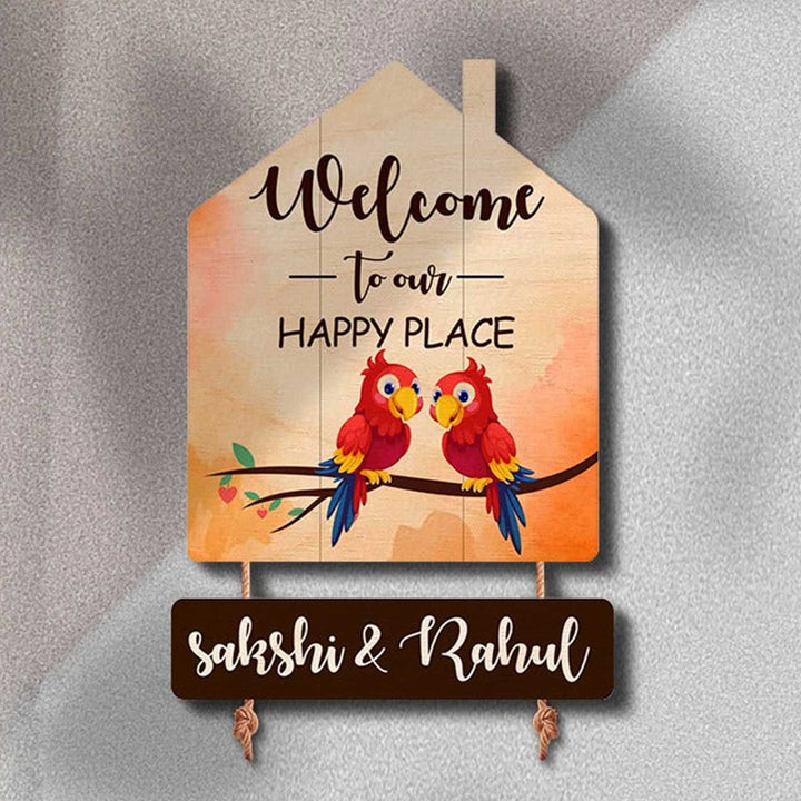 Printed Wooden House Shaped Parrot Nameplate For Couples