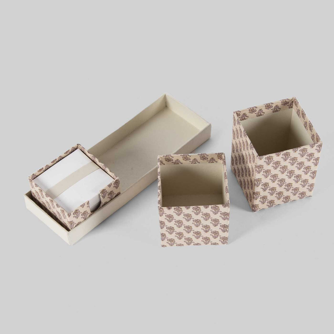 Handmade Block Printed Beige Small Desk Organiser