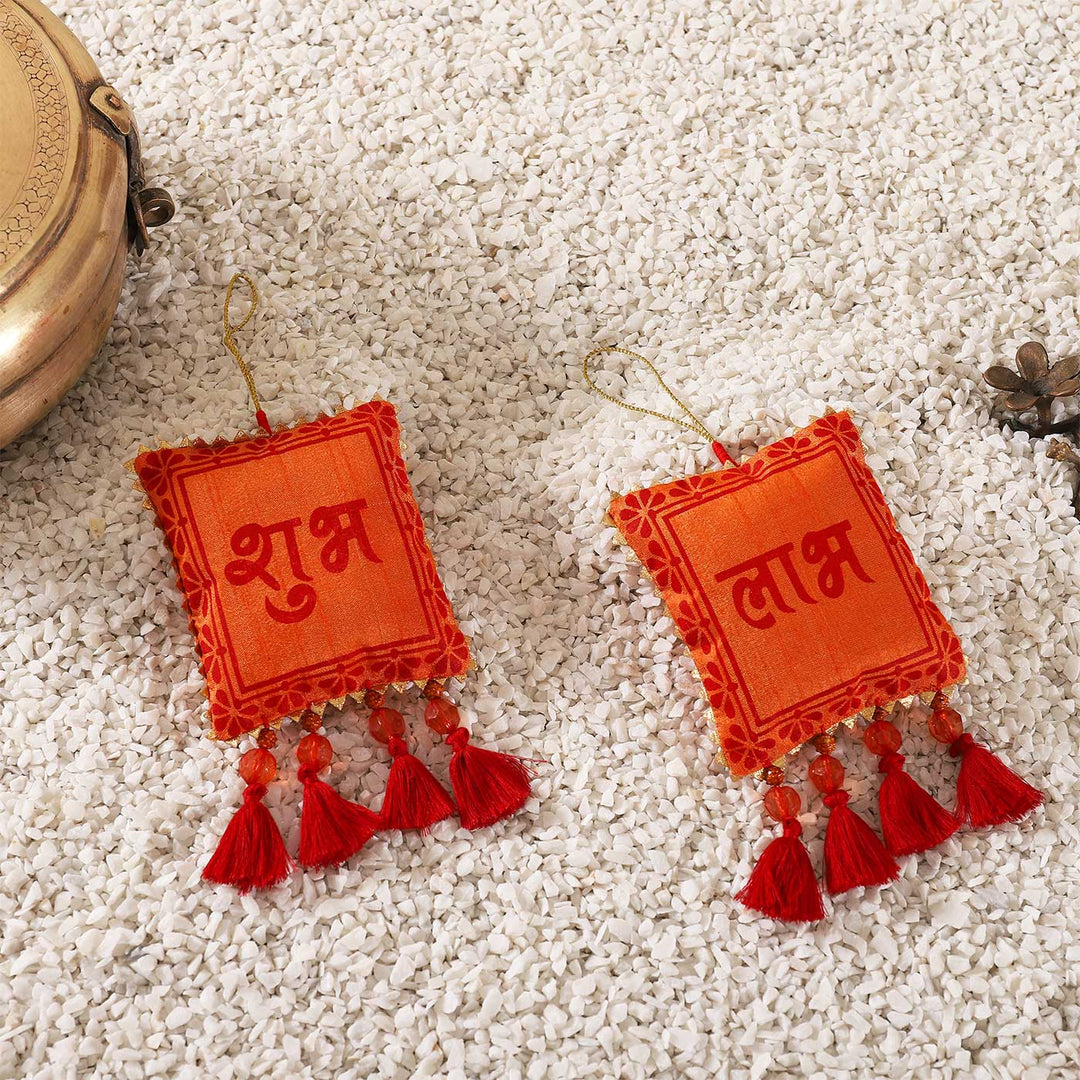 Handmade Orange Shubh Labh Fabric Hanging | Set of 2