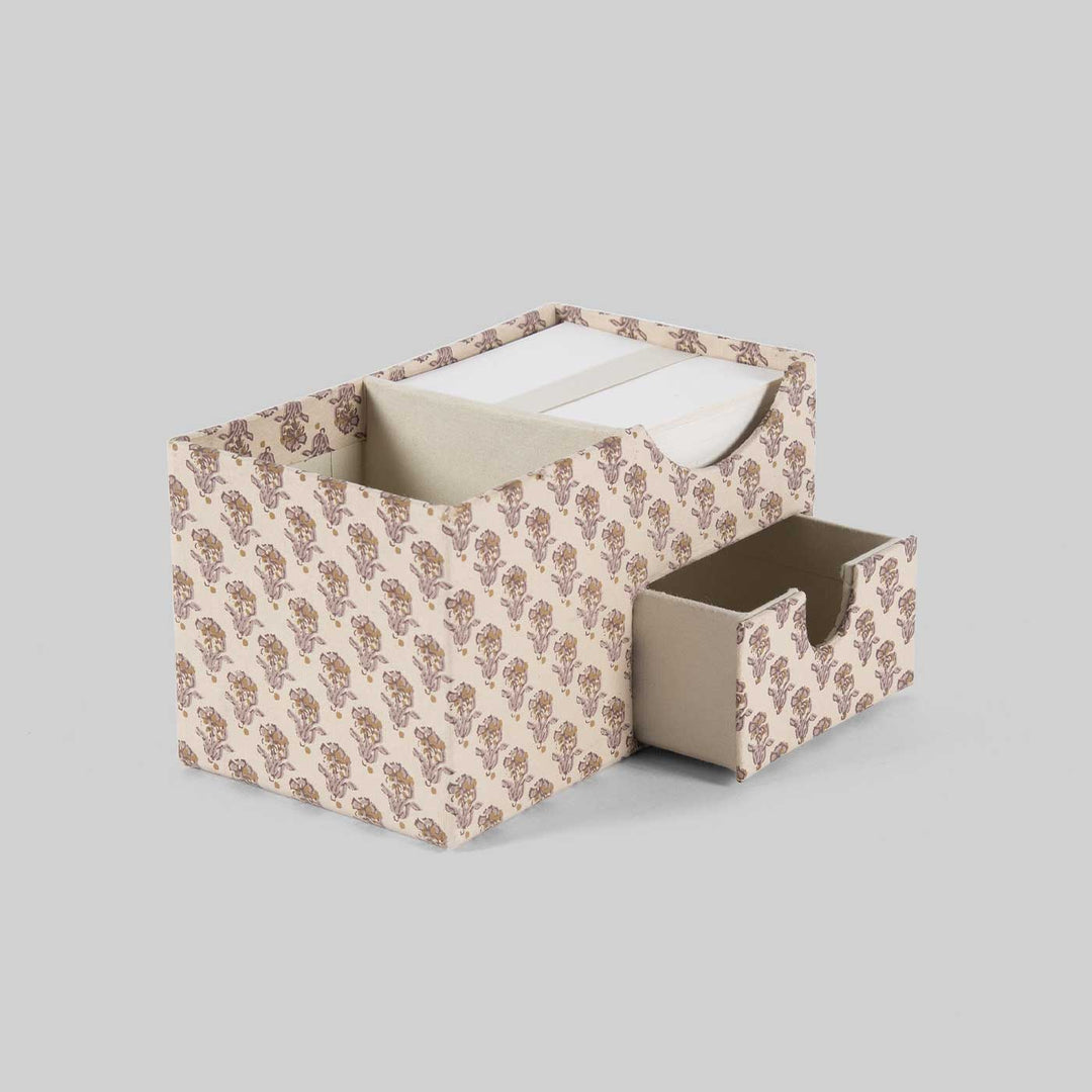 Handmade Block Printed Beige Cube Desk Organiser