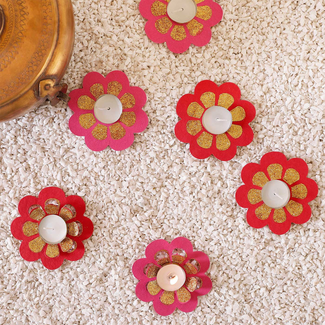 Handmade Pink & Red Marigold Paper Tealight Holder  | Set of 6