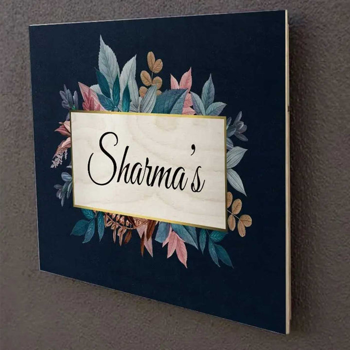 Printed Blue Spring Floral Wooden Rectangle Nameplate For Family