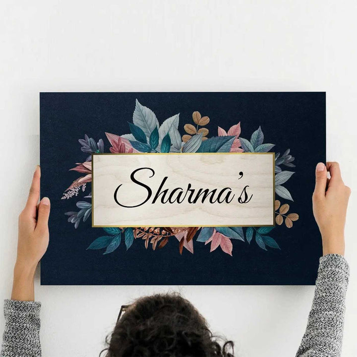 Printed Blue Spring Floral Wooden Rectangle Nameplate For Family