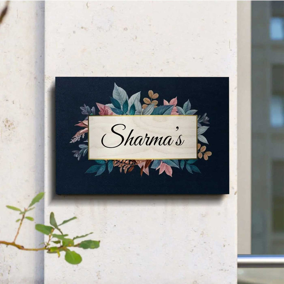 Printed Blue Spring Floral Wooden Rectangle Nameplate For Family