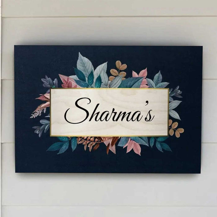 Printed Blue Spring Floral Wooden Rectangle Nameplate For Family