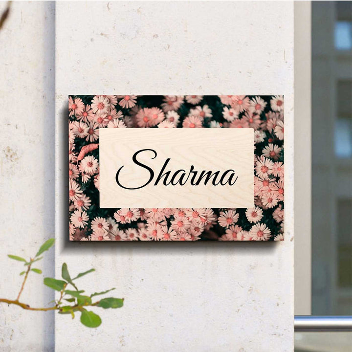 Printed Pink Spring Floral Wooden Rectangle Nameplate For Family