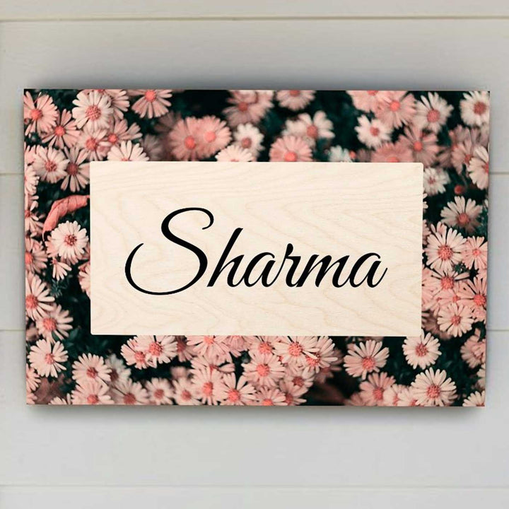 Printed Pink Spring Floral Wooden Rectangle Nameplate For Family