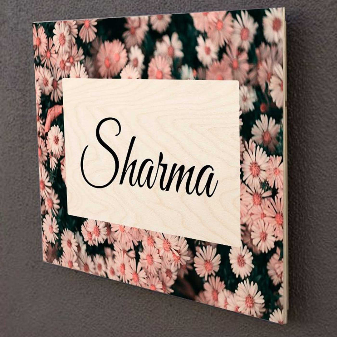 Printed Pink Spring Floral Wooden Rectangle Nameplate For Family