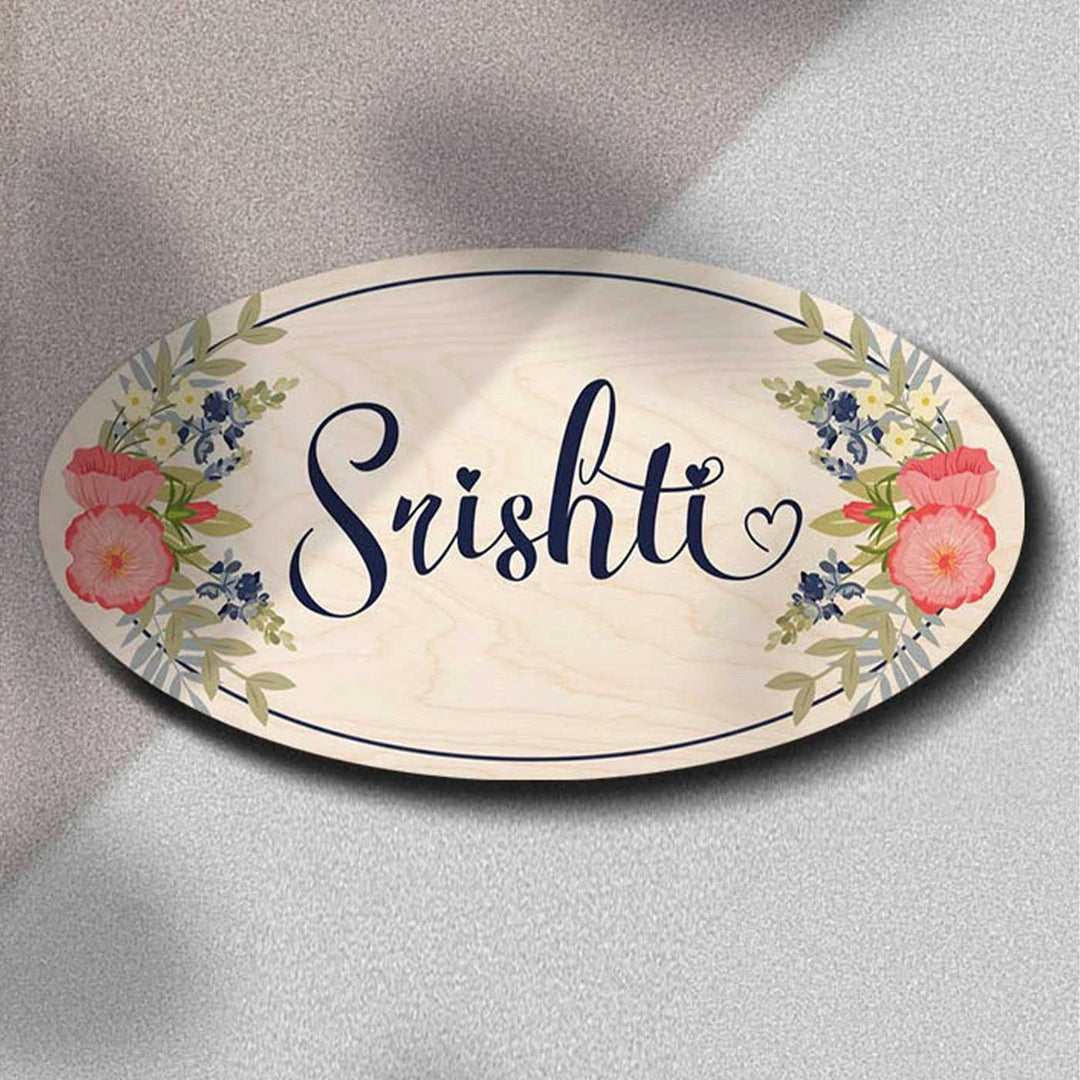 Printed White Floral Wooden Oval Nameplate For Couples