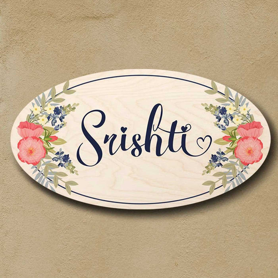 Printed White Floral Wooden Oval Nameplate For Couples