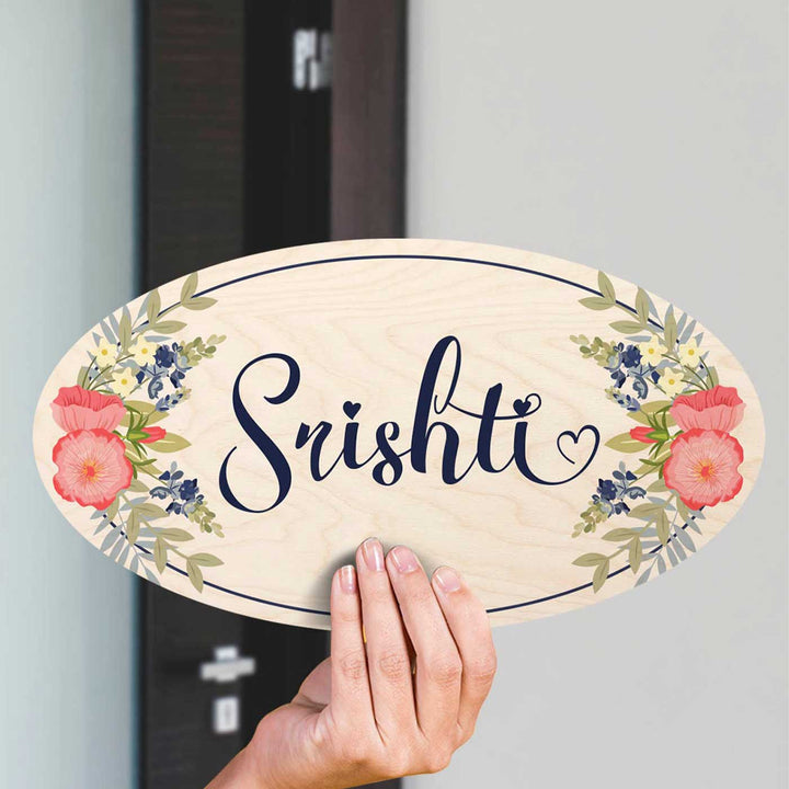 Printed White Floral Wooden Oval Nameplate For Couples