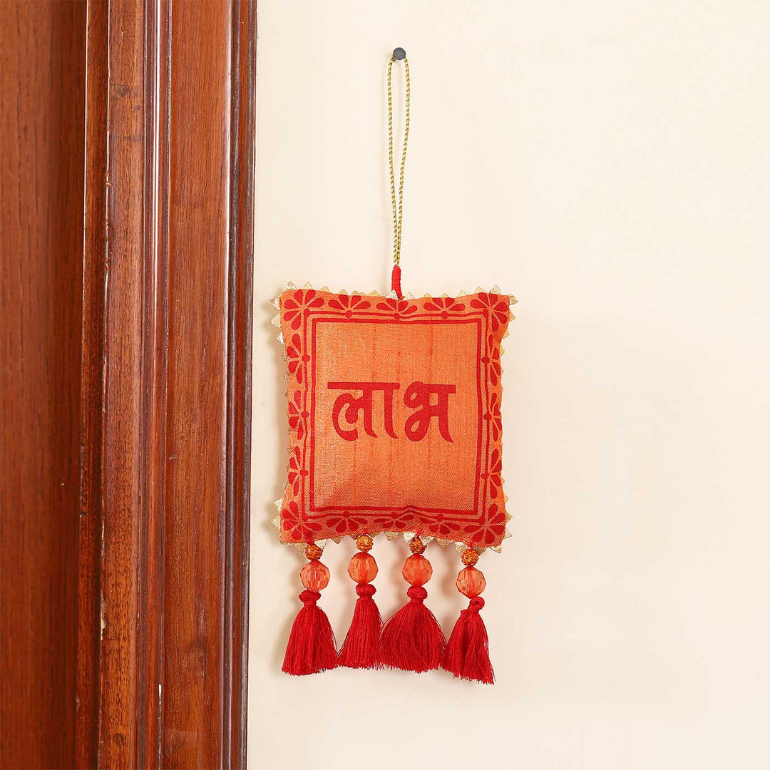 Handmade Orange Shubh Labh Fabric Hanging | Set of 2