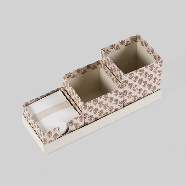 Handmade Block Printed Beige Small Desk Organiser