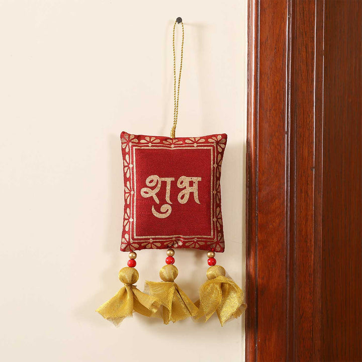 Handmade Red Shubh Labh Fabric Hanging | Set of 2