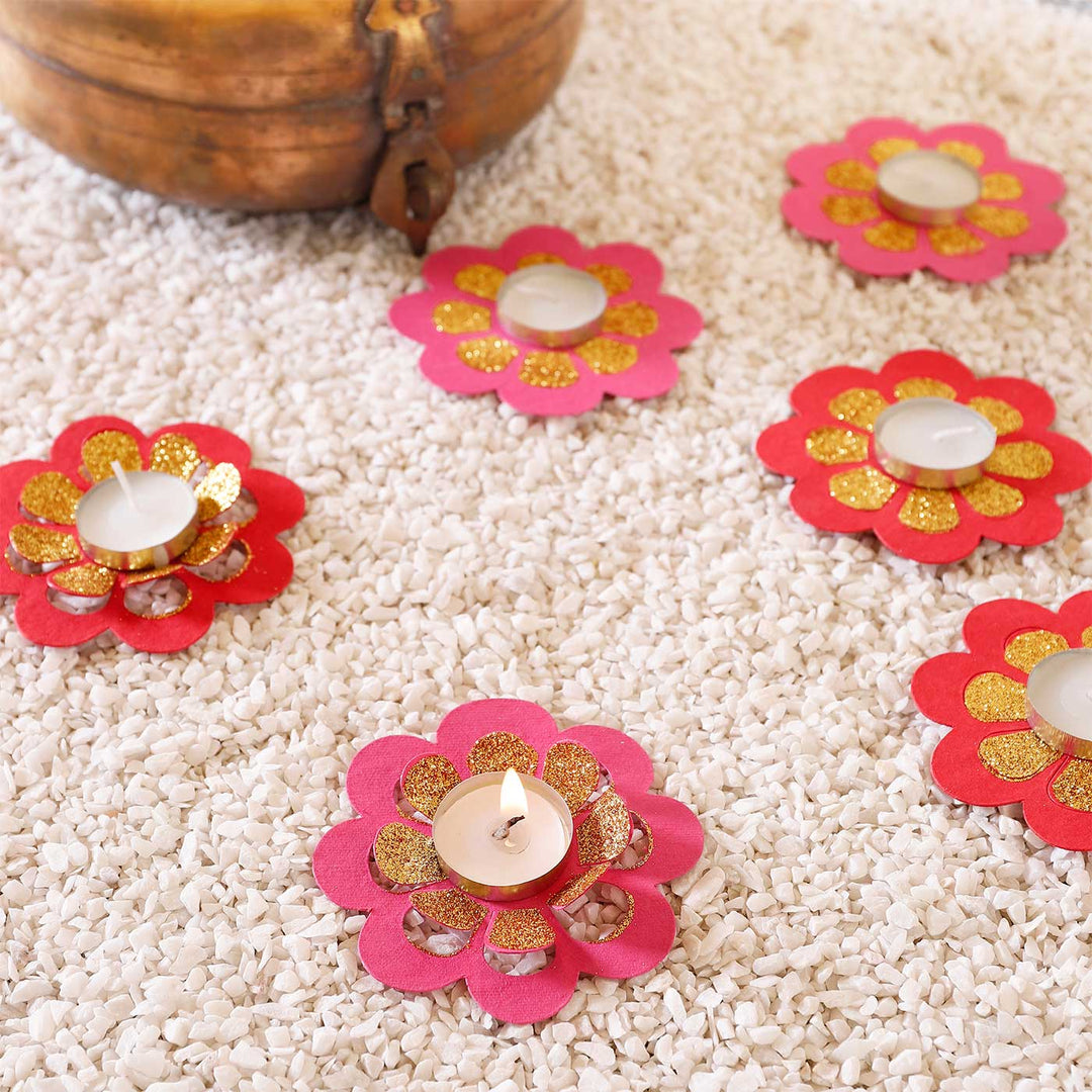 Handmade Pink & Red Marigold Paper Tealight Holder  | Set of 6