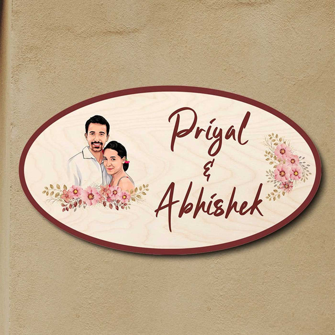 Photo Personalized Printed Wooden Oval Character Nameplate For Couples