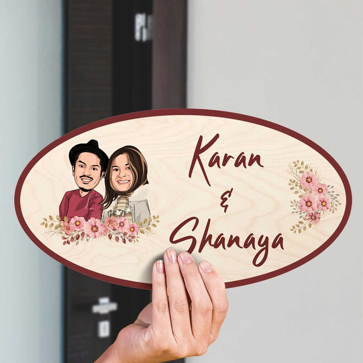 Photo Personalized Printed Wooden Oval Character Nameplate For Couples