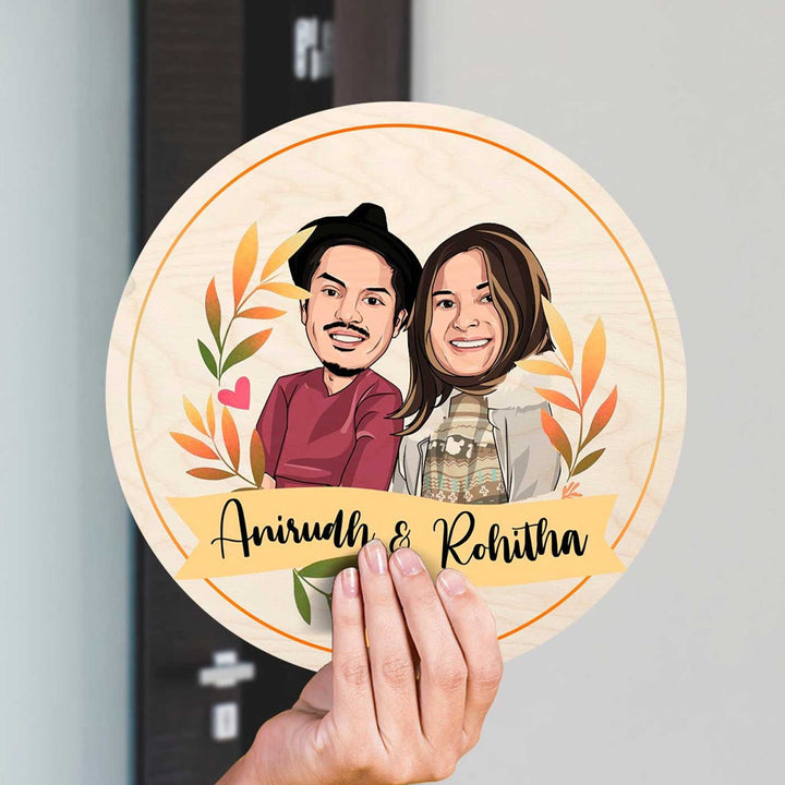 Printed Character Wooden Round Nameplate For Couples