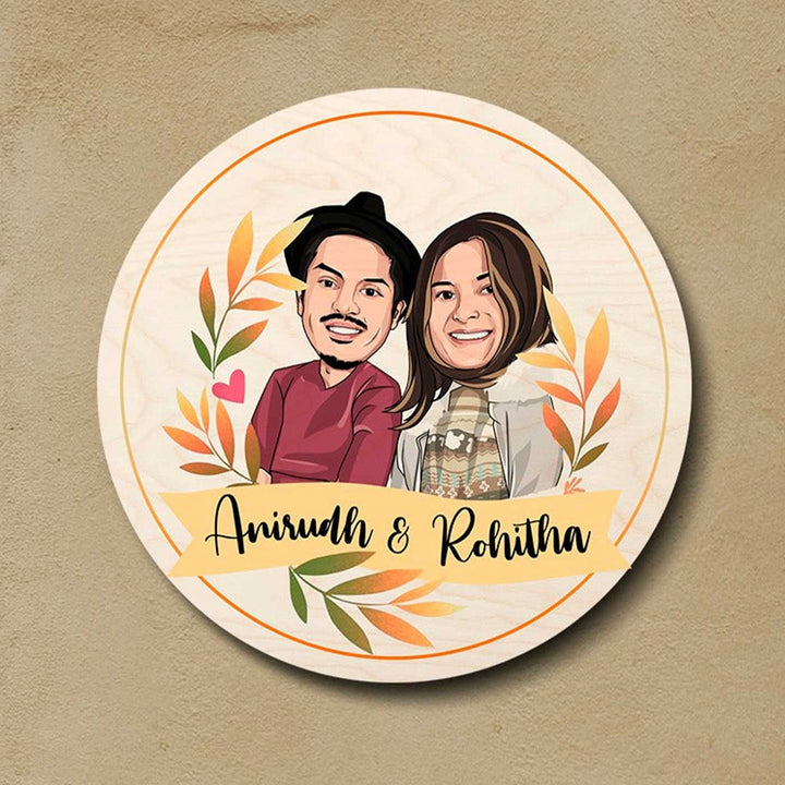 Printed Character Wooden Round Nameplate For Couples