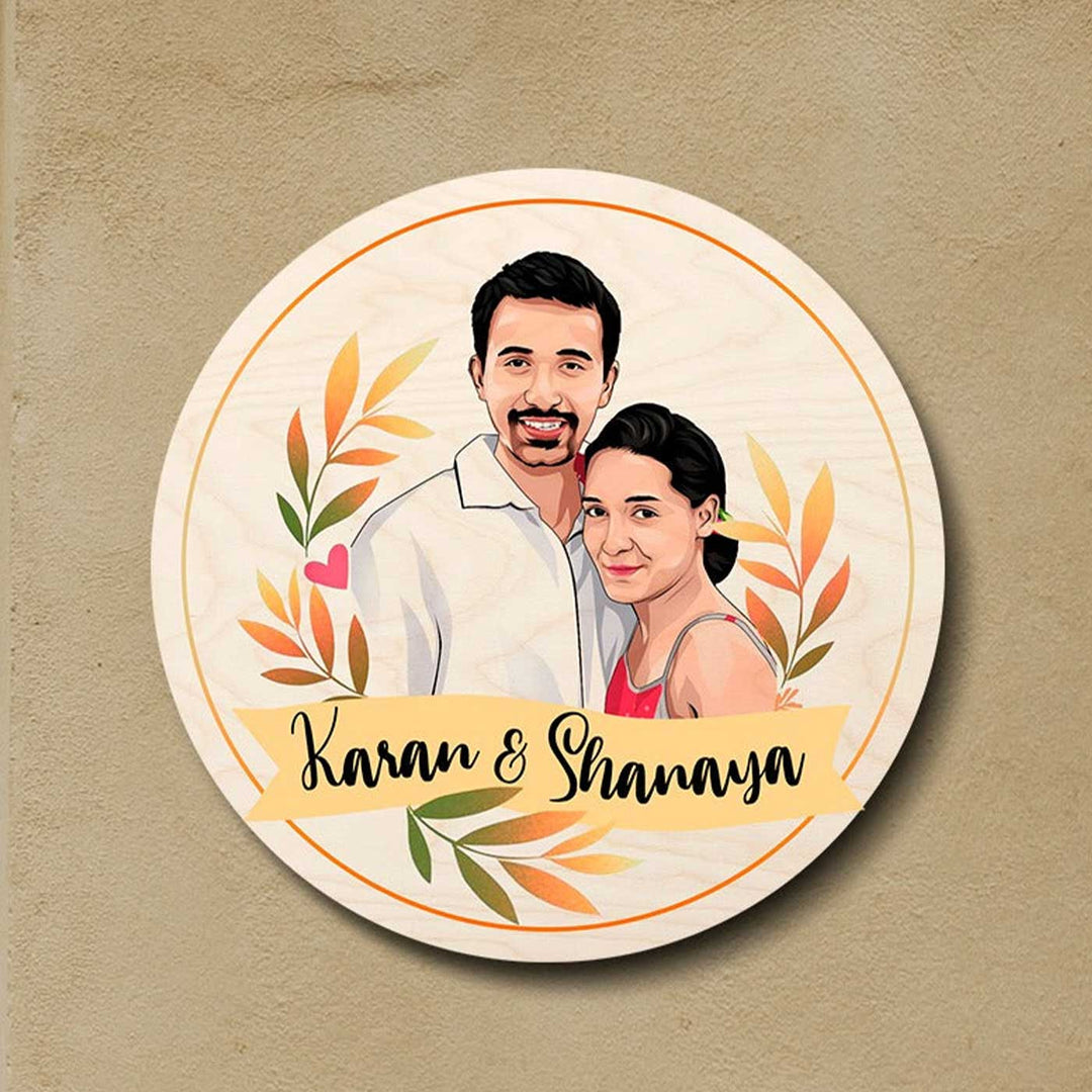 Printed Character Wooden Round Nameplate For Couples