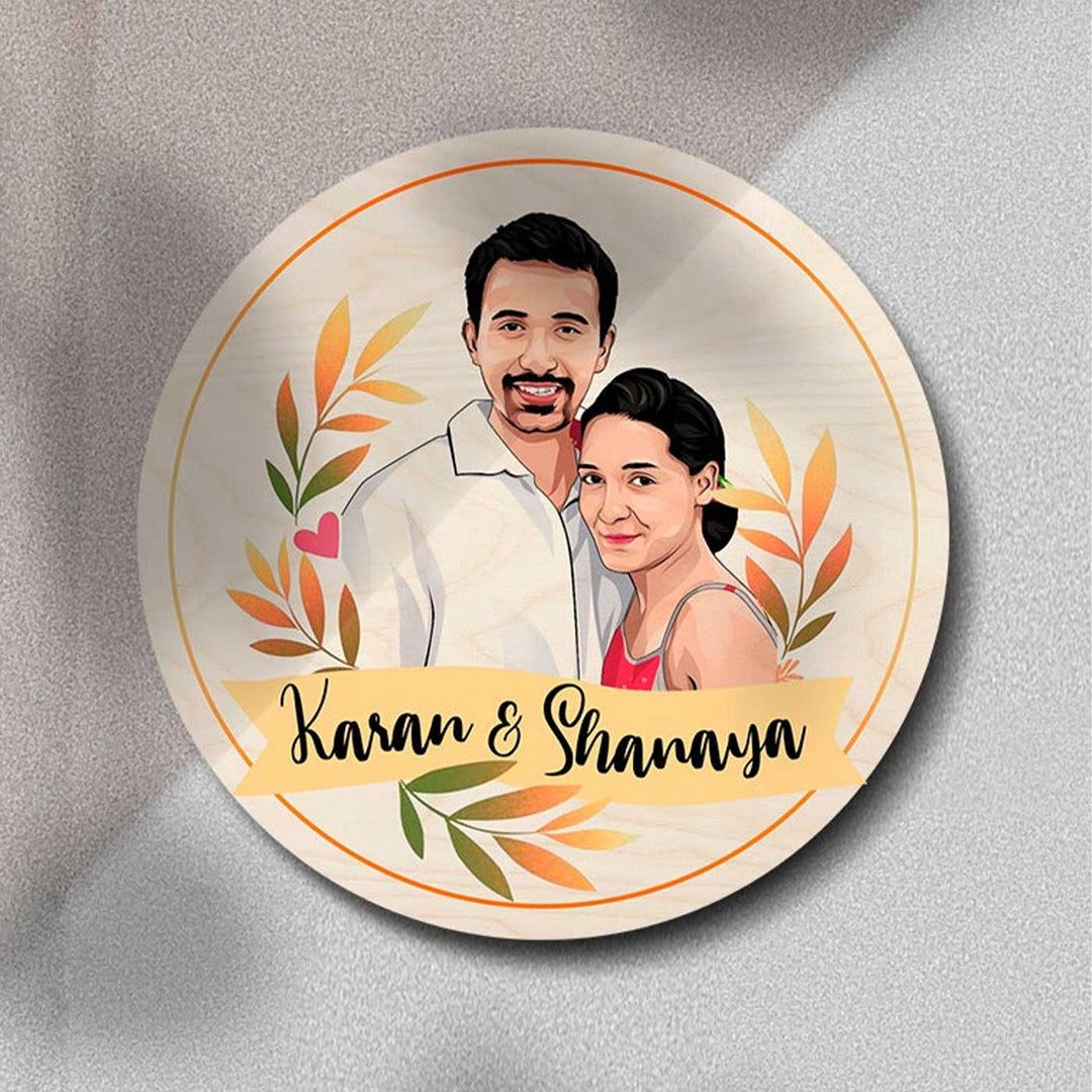 Printed Character Wooden Round Nameplate For Couples