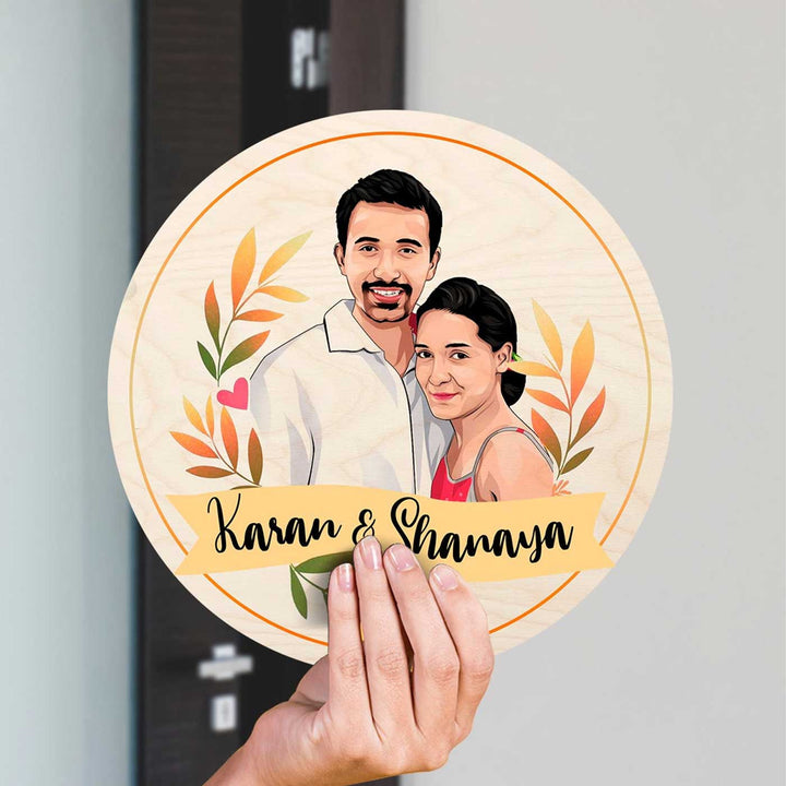 Printed Character Wooden Round Nameplate For Couples