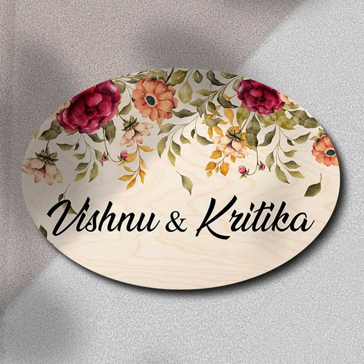 Printed Red & Orange Floral Wooden Oval Nameplate For Family