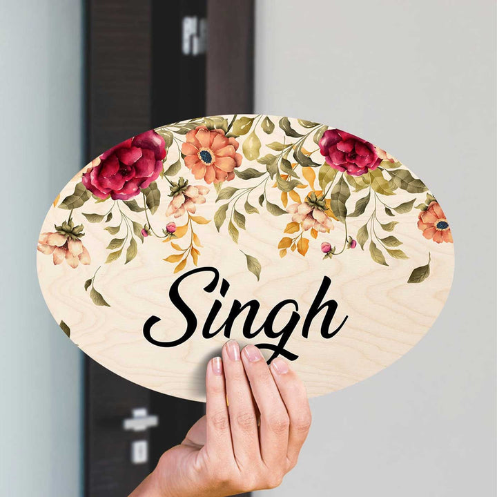 Printed Red & Orange Floral Wooden Oval Nameplate For Family