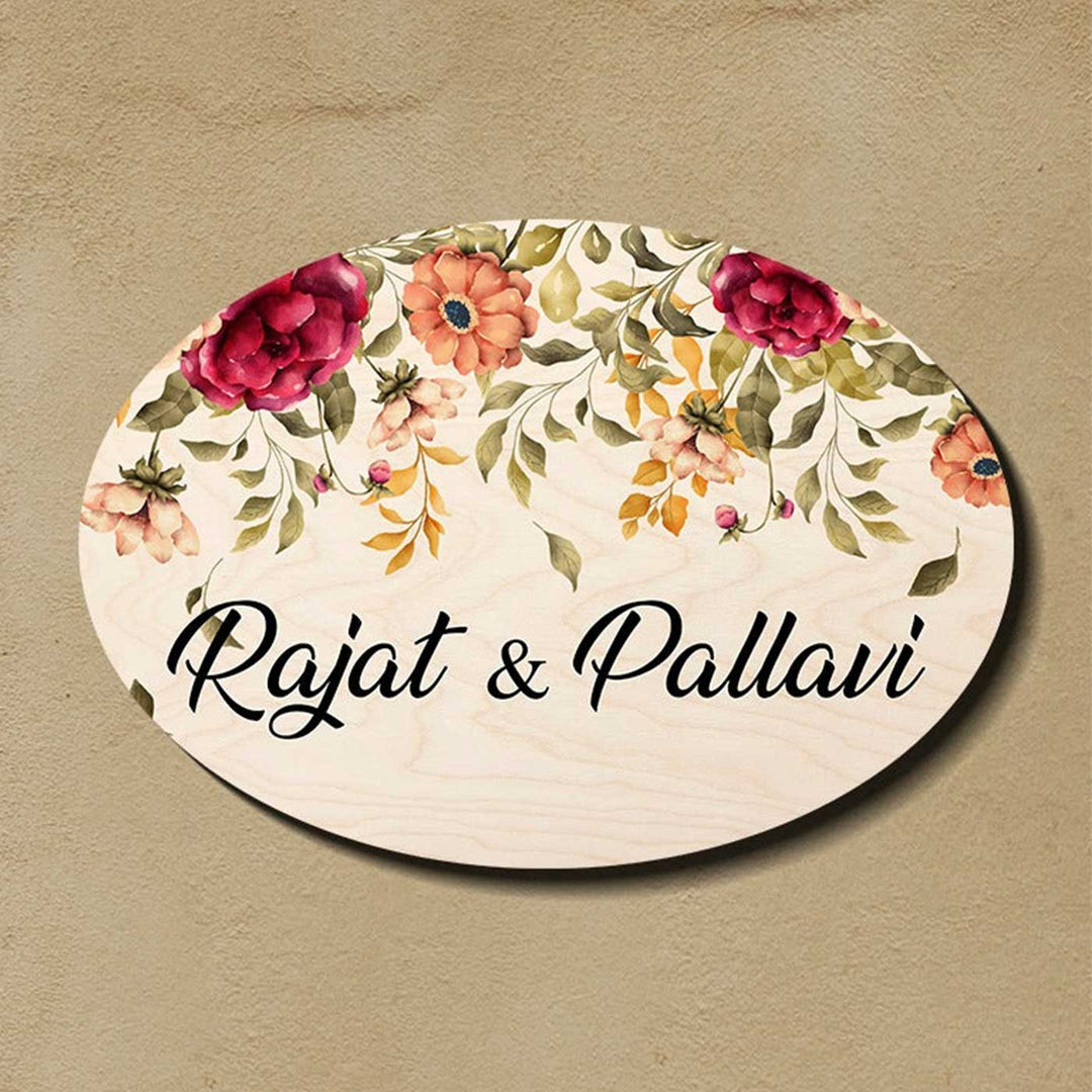 Printed Red & Orange Floral Wooden Oval Nameplate For Family