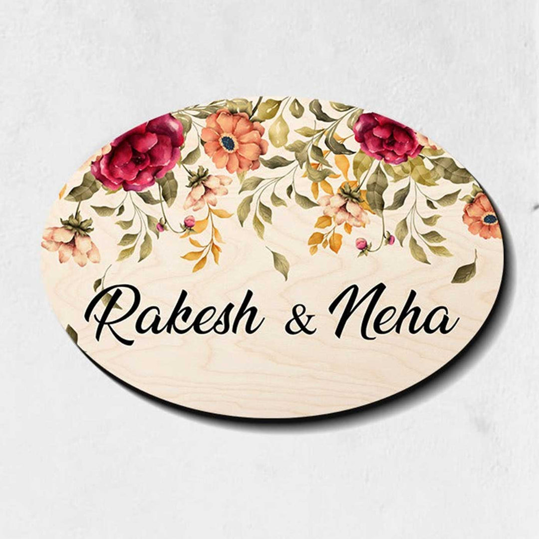 Printed Red & Orange Floral Wooden Oval Nameplate For Family