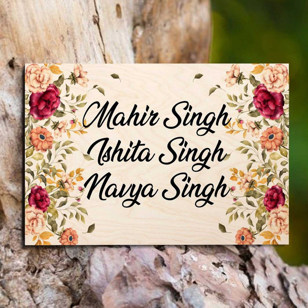 Printed Floral Wooden Rectangle Nameplate For Family