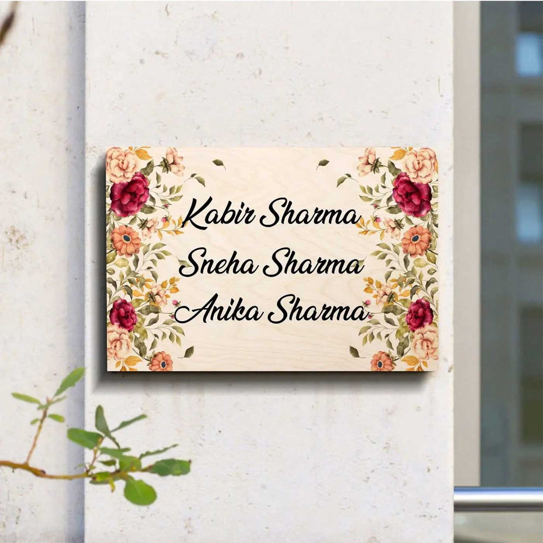 Printed Floral Wooden Rectangle Nameplate For Family